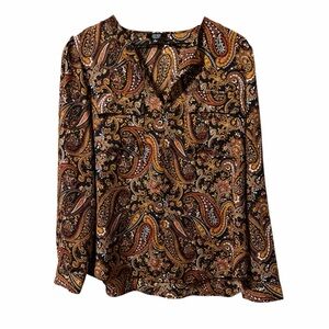 Jones New York Paisley V-Neck Blouse in Brown, Gold and Black